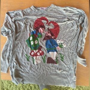 Modcloth Bea and Dot Sweater with Colorful Gnome & Mushroom Graphic